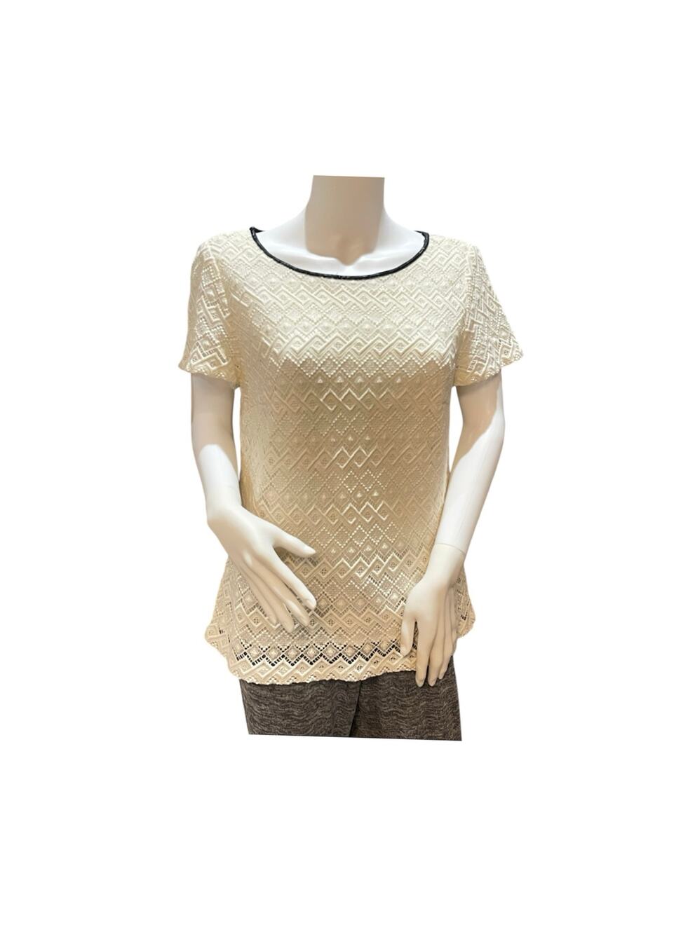 Talbots Ivory Embroidered Crochet Black Trimmed Blouse Size 10